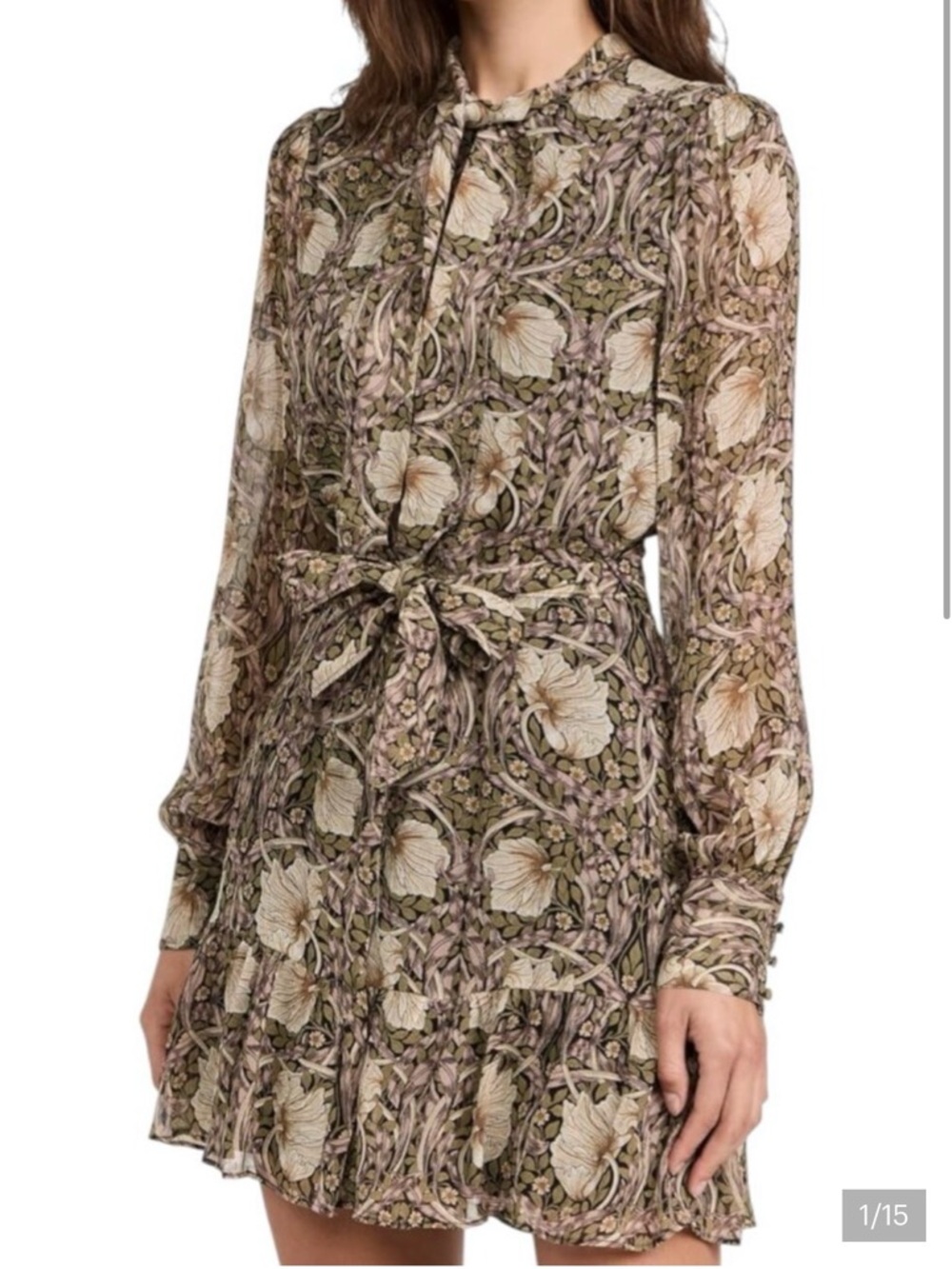 PAIGE Olive and Cream Floral Long-Sleeve Tie-Waist Mini Dress Size XS